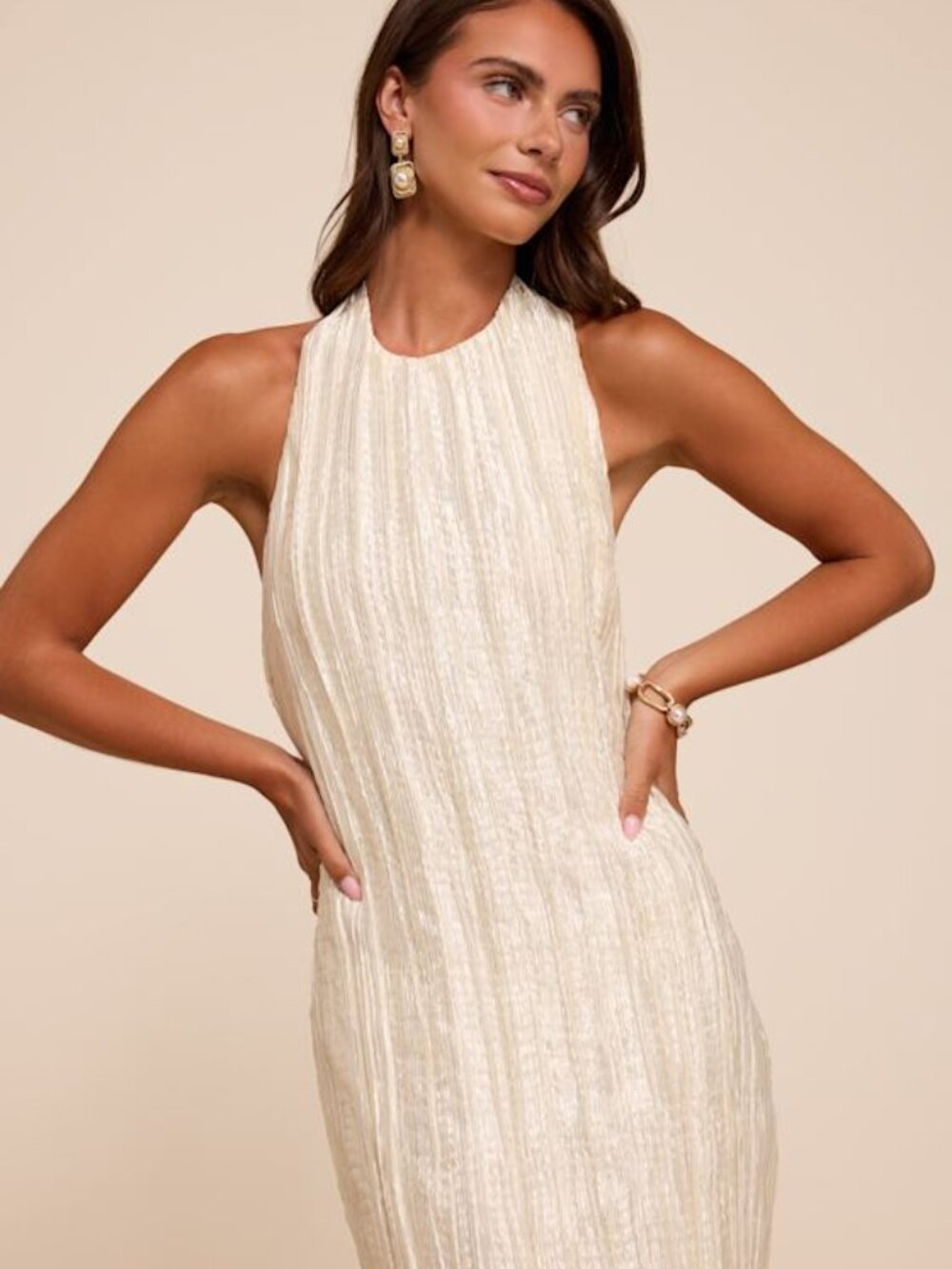 Lulus Joya Cream Plisse Halter Midi Dress White - Size XS